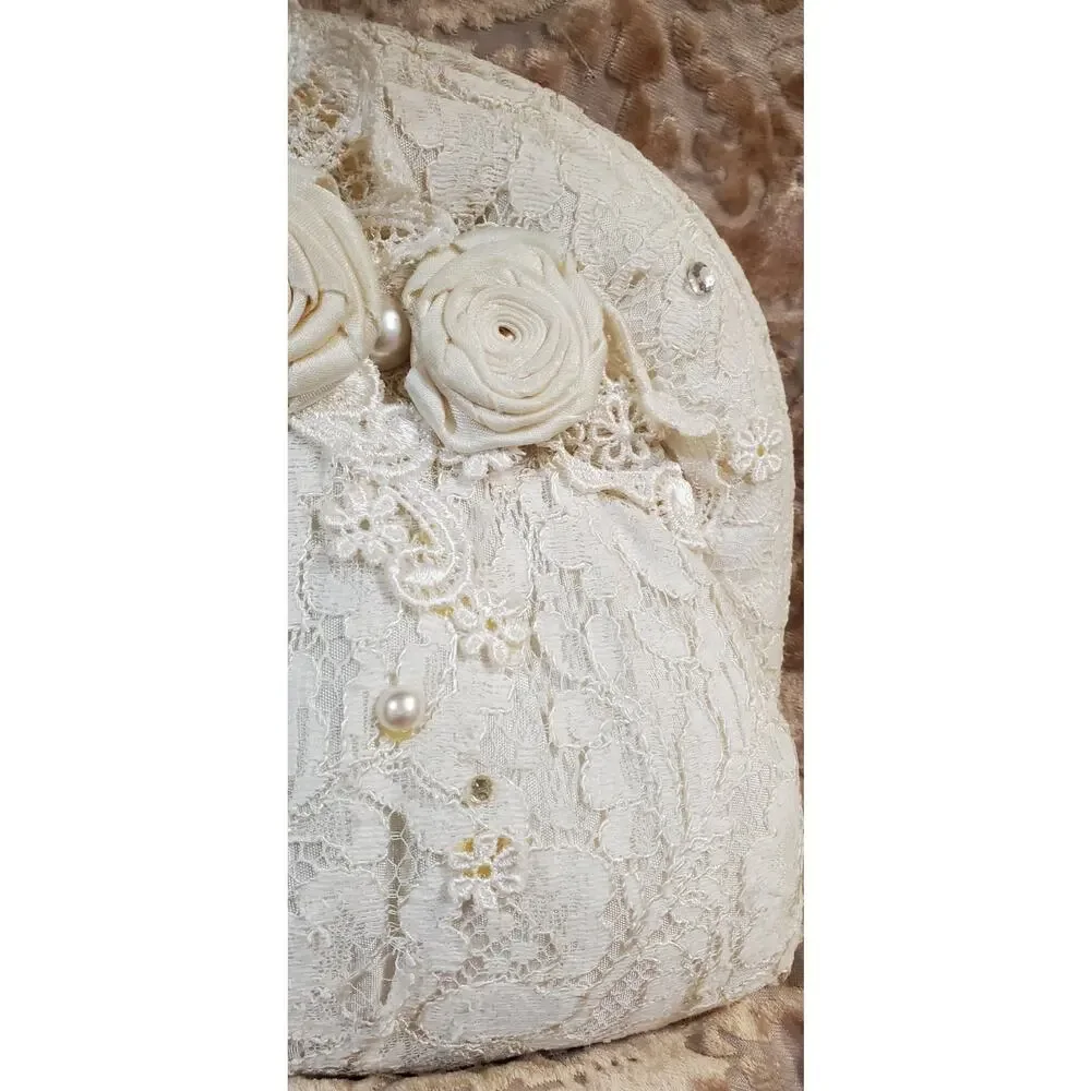 Vintage 80s Marie Palmese Lace Floral Satin Rhinestone Bag Cream Dressy Bridal